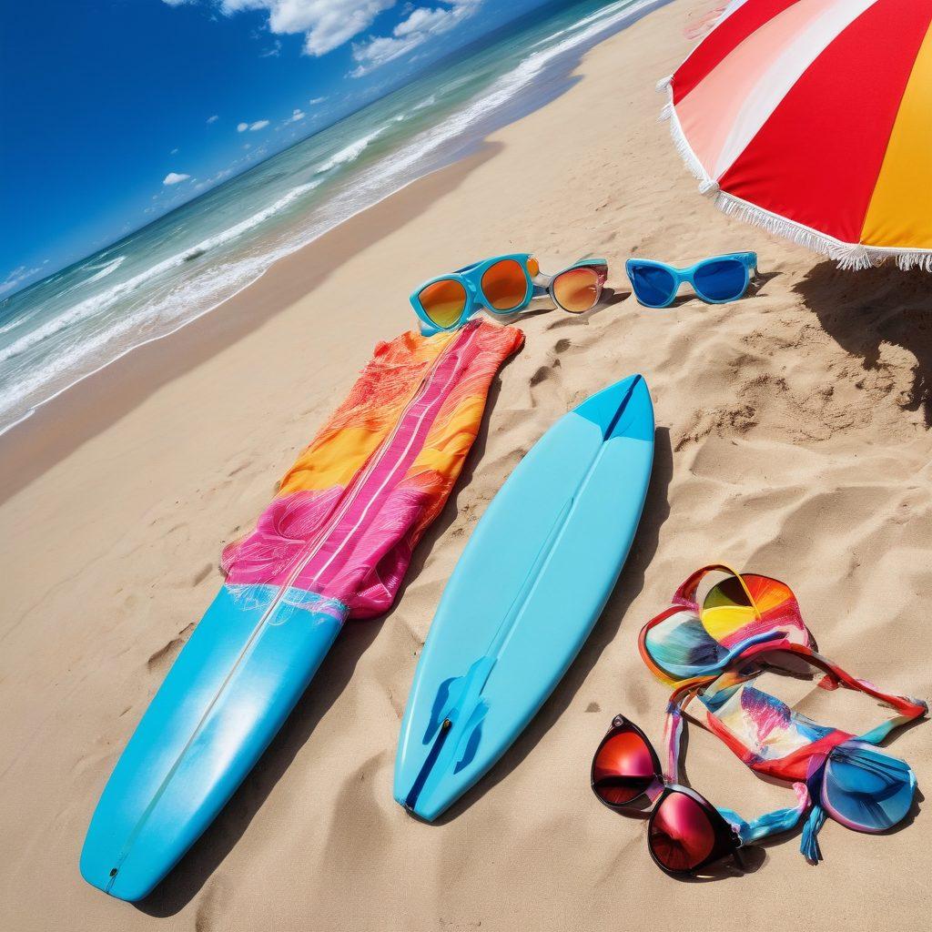 A vibrant beach scene showcasing diverse beachwear styles: colorful bikinis, matching cover-ups, and stylish sunglasses on sunbathers lounging on a sandy shore. Include a beach umbrella, surfboards in the background, and a clear blue sky with fluffy clouds. Highlight the sun's rays illuminating the scene, depicting joy and summer vibes. super-realistic. vibrant colors. bright blue background.