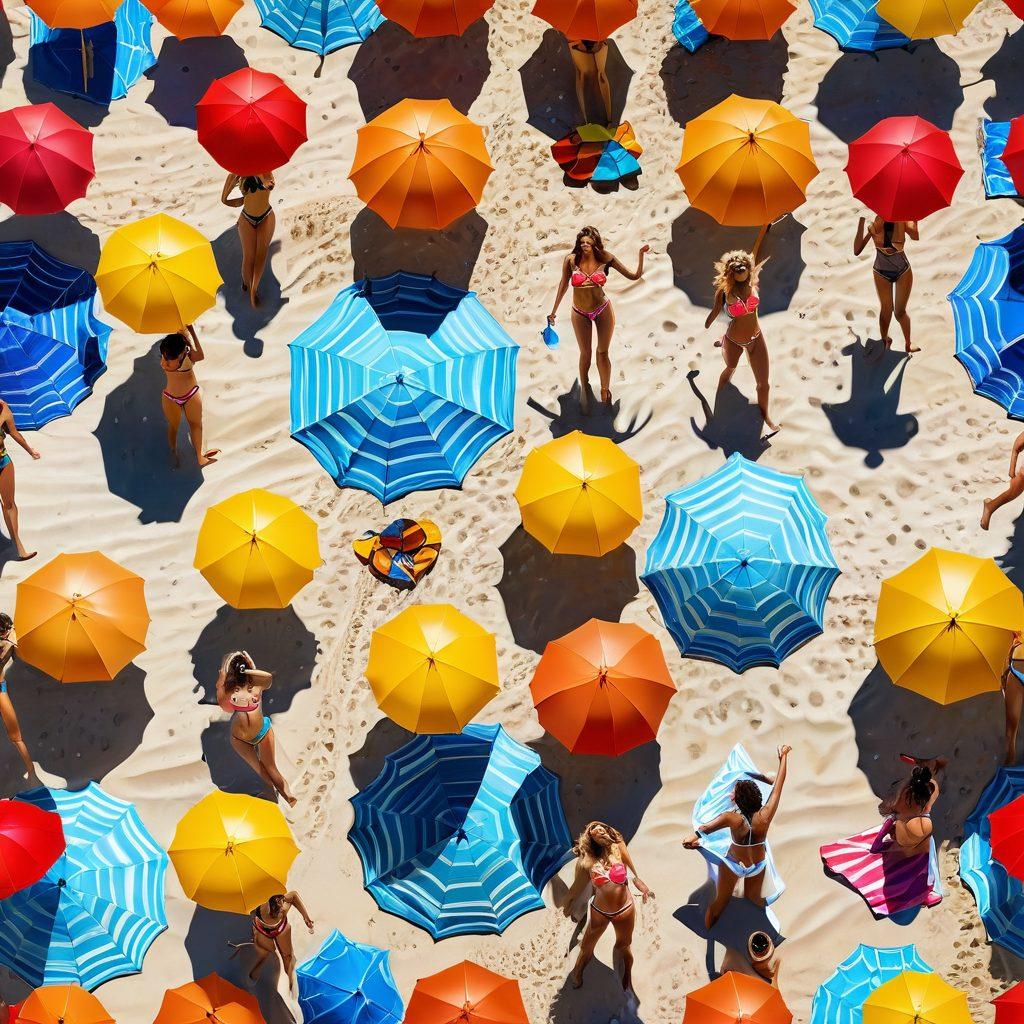 A vibrant beach scene featuring diverse models flaunting the latest bikini styles and swimwear trends for 2023, surrounded by colorful beach umbrellas and sun-kissed sand. Include elements like beach balls, tropical drinks, and a backdrop of clear blue skies and an ocean. Capture the essence of summer with bright, energetic colors and a lively atmosphere. super-realistic. vibrant colors. summer theme.