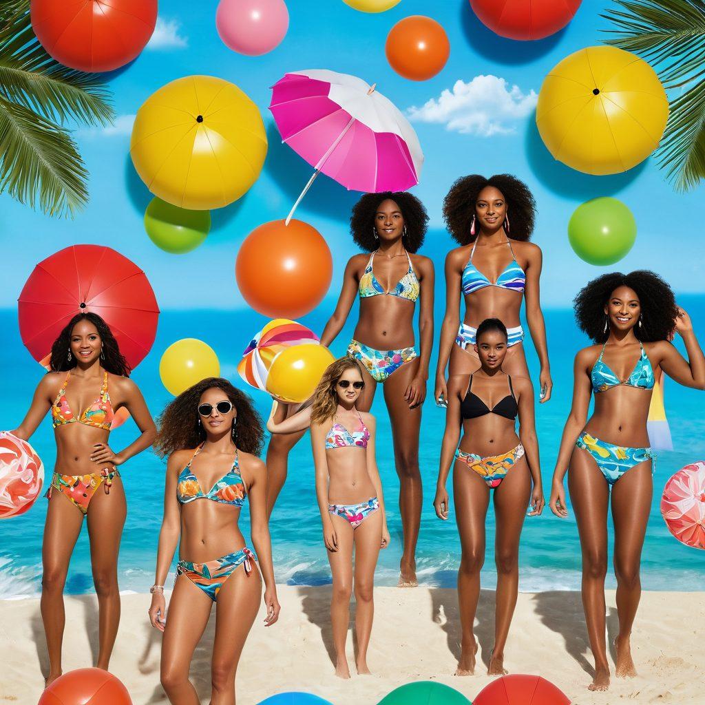 A vibrant beach scene featuring fashionable swimwear on diverse models, showcasing trending styles for 2023. Include colorful umbrellas, beach balls, and playful waves in the background. Highlight the contrast between runway inspiration and carefree beach vibes, with bold patterns and unique cuts in the swimwear. Capture the essence of summer joy and style. vibrant colors. super-realistic.